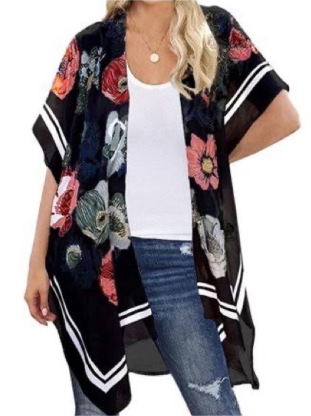 Woven Heart Navy Floral Open-Front Kimono - One Size